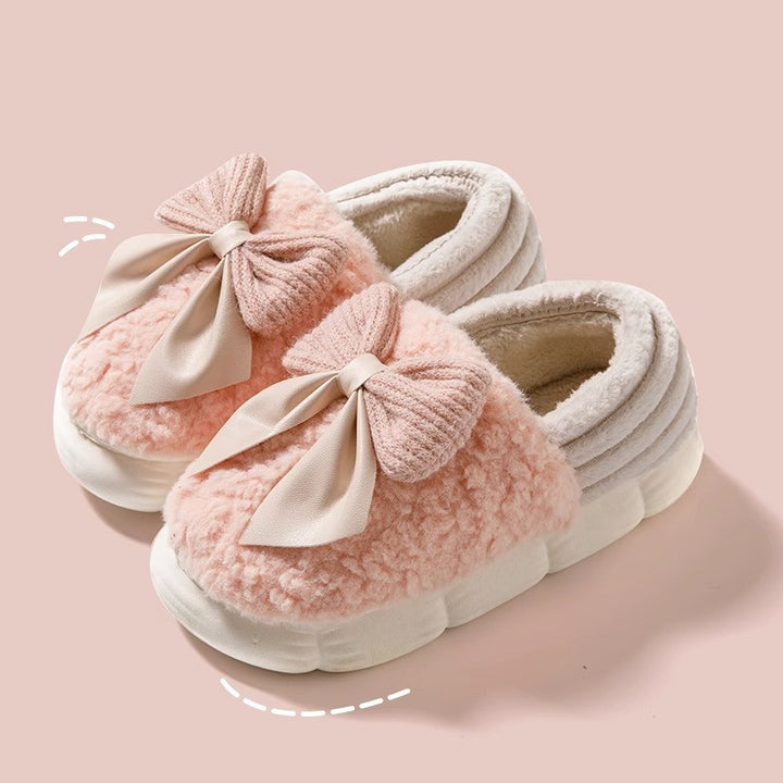 Big Bow-knot Fluffy Slippers Winter Warm Covered Heel Cotton Shoes Fashion Thick-soled Platform Slippers Indoor And Outdoor Garden Walking Shoes-Womens Footwear-Zishirts