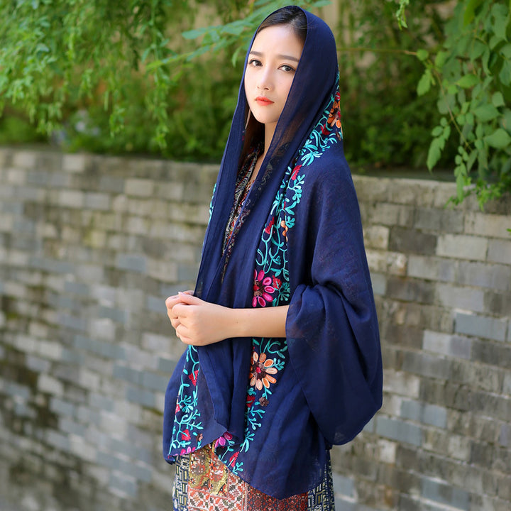 Ethnic Style Embroidered Floral Scarf Shawl Sunscreen Silk Female-Scarves & Wraps-Zishirts