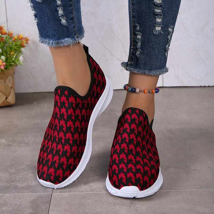 Houndstooth Print Sneakers Round Toe Mesh Flats Shoes-Womens Footwear-Zishirts