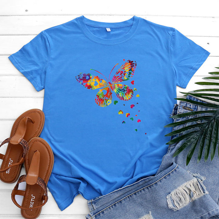 Women's Fashion Casual Heart Butterfly Printed Cotton Round Neck Short Sleeve-Women's Outerwear 2023-Zishirts