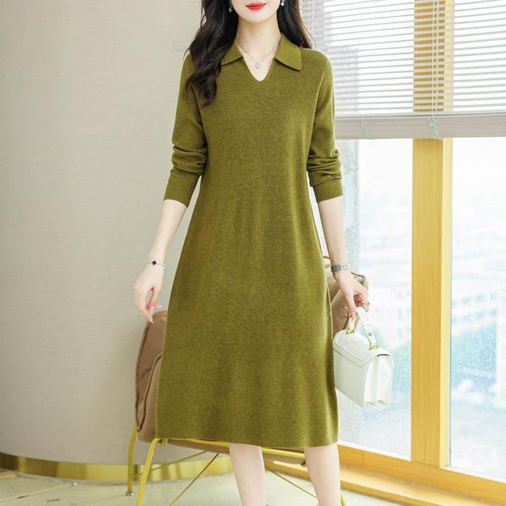 Lapel Knitted Dress Women's Clothing-Lady Dresses-Zishirts