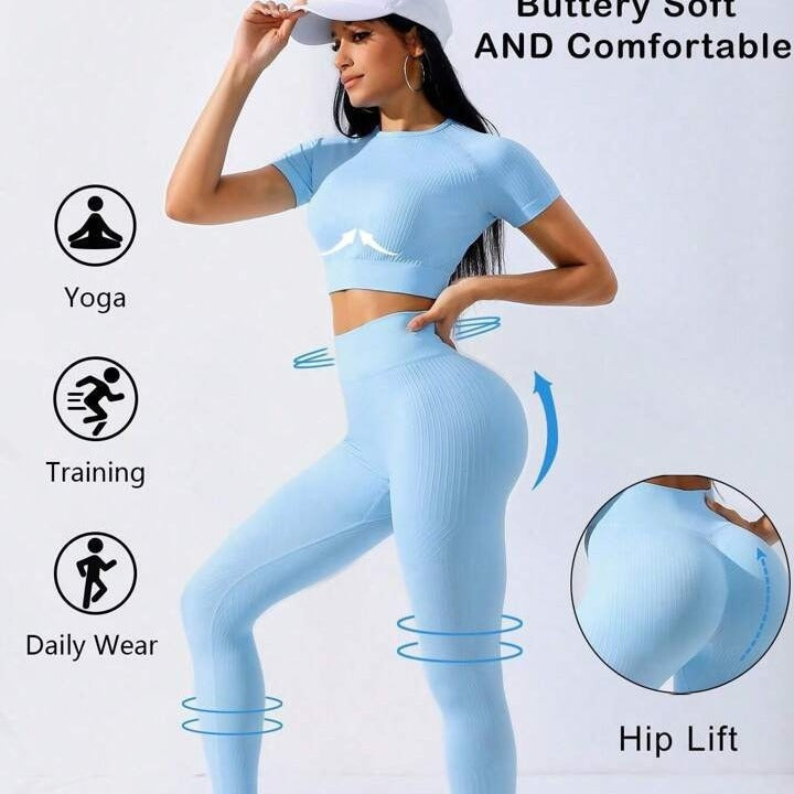 Women's Seamless Thread Yoga Suit Short Sleeve-Suits & Sets-Zishirts