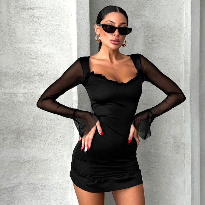 Women's Mesh Stitching Horn Long Sleeve Cinched Short Dress-Lady Dresses-Zishirts