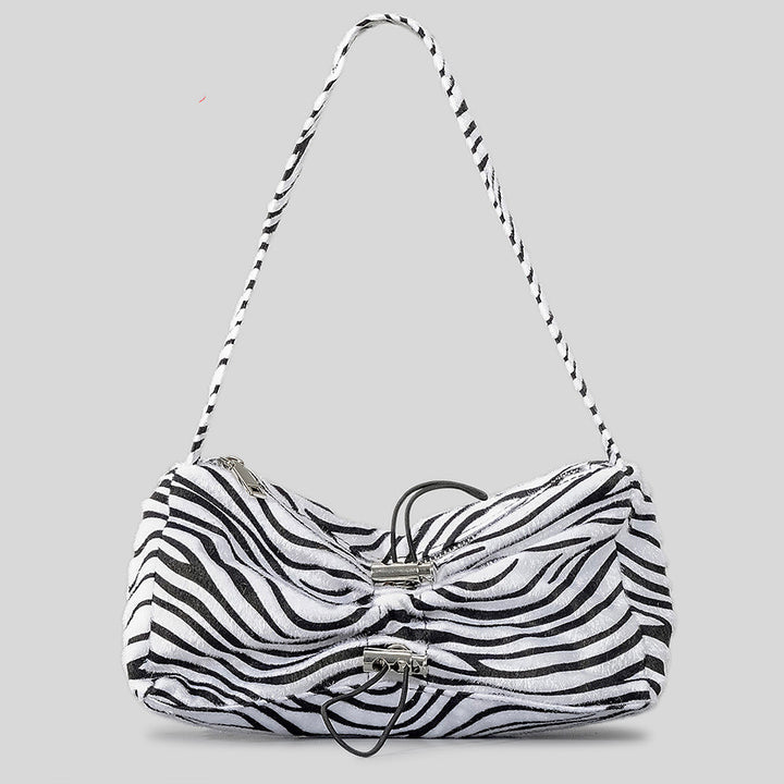 Autumn And Winter Drawstring Ruffle Zebra Stripes Underarm Bag Women-Women's Bags-Zishirts