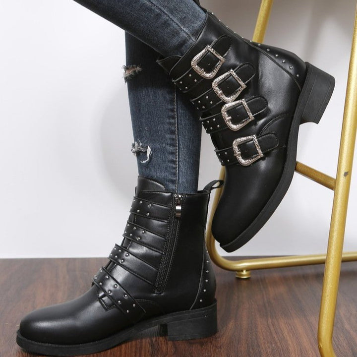 Women's Fashion Belt Buckle Flat Heel Mid-calf Chunky Heel Round Head Dr Martens Boots-Womens Footwear-Zishirts