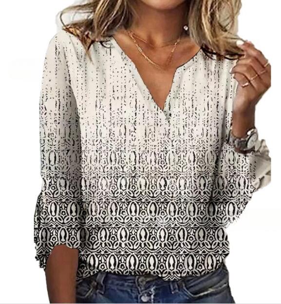 Printed V-neck Flare Sleeve T-shirt-Blouses & Shirts-Zishirts