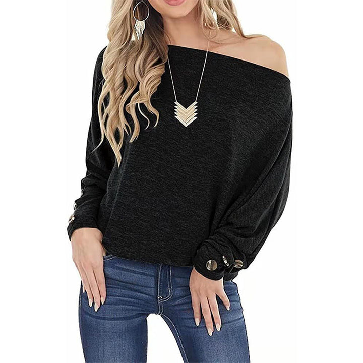 Women's Off-shoulder Button Solid Color Long Sleeve Casual T-shirt-Blouses & Shirts-Zishirts