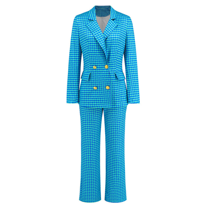 Women's Fashion Houndstooth Double Breasted Blazer Slim-fit Straight Trousers Suit-Suits & Sets-Zishirts