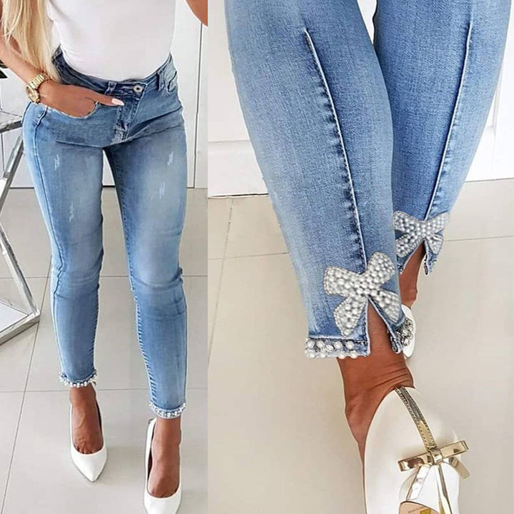 Slim Jeans Women Butterfly Sticky Flower Beaded Split Trousers-Woman Jeans-Zishirts