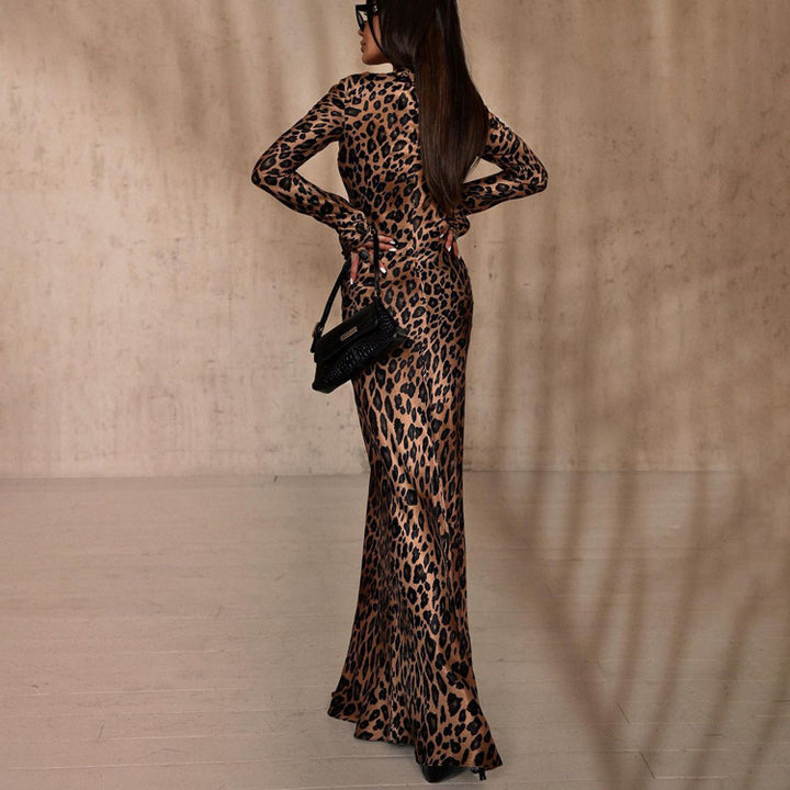 Round Neck Leopard Print High Waist Slim Fit Dress-Lady Dresses-Zishirts