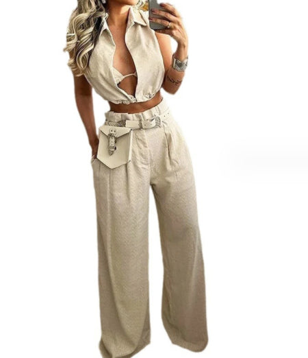 Solid Color Lapel Sexy Sleeveless Top Casual Pants Set-Women's Outerwear 2023-Zishirts