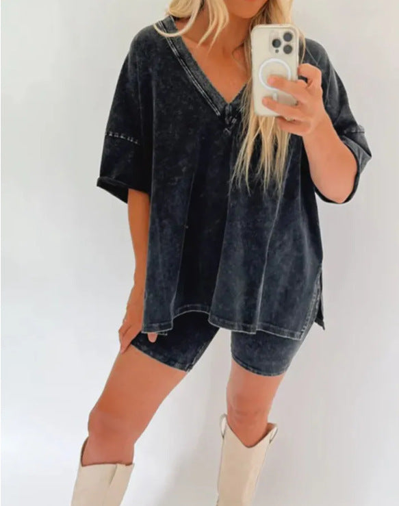 Women's V-Neck Denim-like Short-sleeved T-shirt Casual Shorts Suit-Suits & Sets-Zishirts