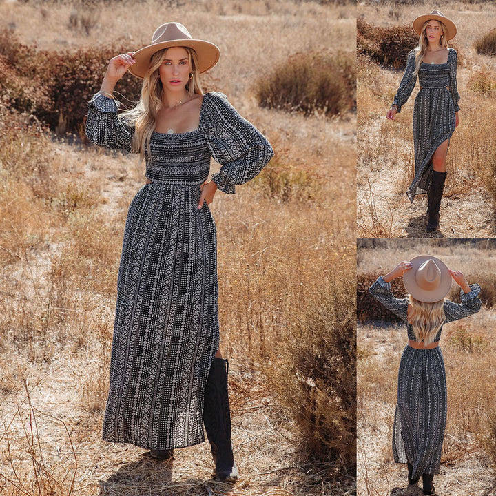 Women's Vintage Woven Dress With Long Sleeves-Lady Dresses-Zishirts