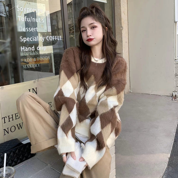 Lingge Round Neck Pullover Sweater For Women Loose Fitting-Women's Outerwear 2023-Zishirts