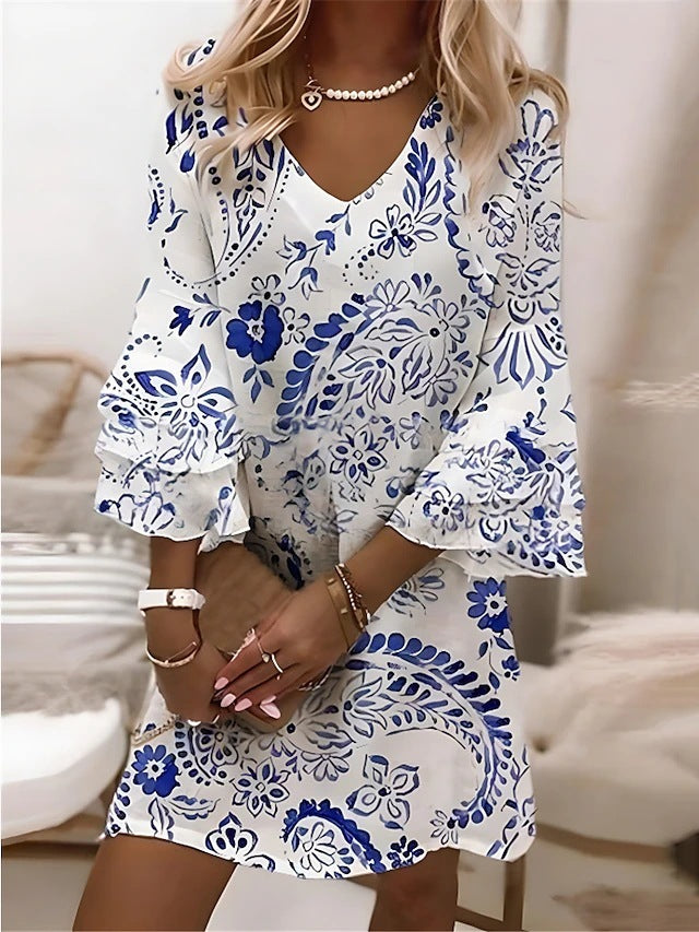 Ladies New V-neck Printed Bell Sleeve Dress-Womens 2024 March-Zishirts