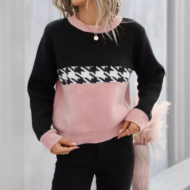 Contrast Color Pullover Round Neck Knitted Sweater Fashion Geometry Pattern-0-Zishirts