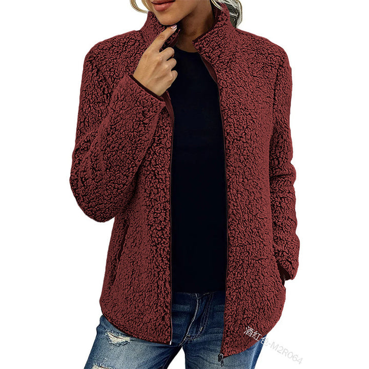 Stand Collar Solid Color Top Sweater Women's Casual Fashion Long Sleeve Zipper Bubble Velvet Coat-Jackets-Zishirts