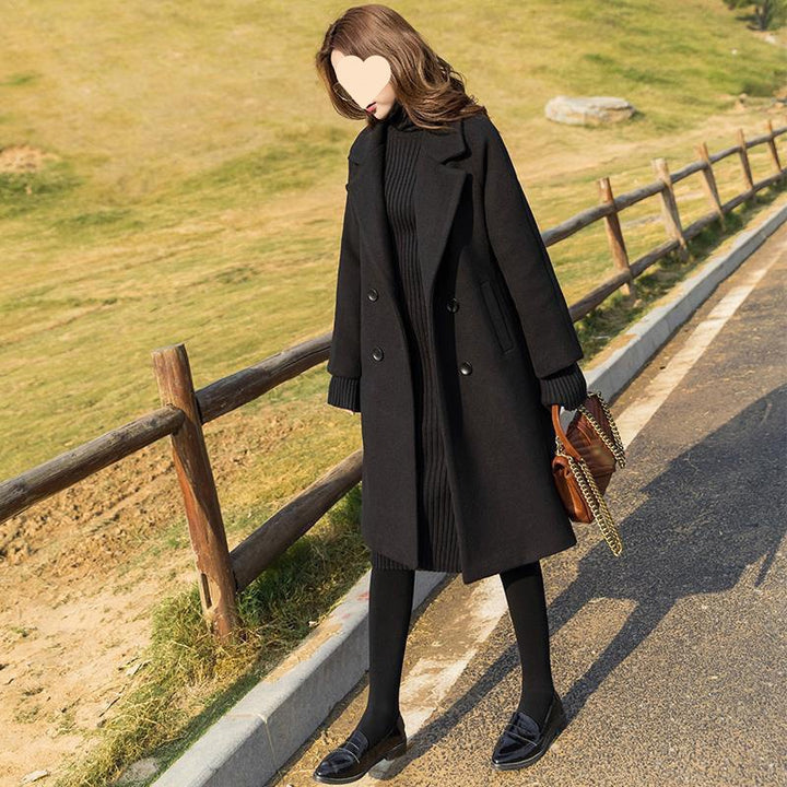 Black Woolen Mid-length Fall Winter Popular Loose-fitting Hepburn Style Woolen Coat-Women's Outerwear 2023-Zishirts