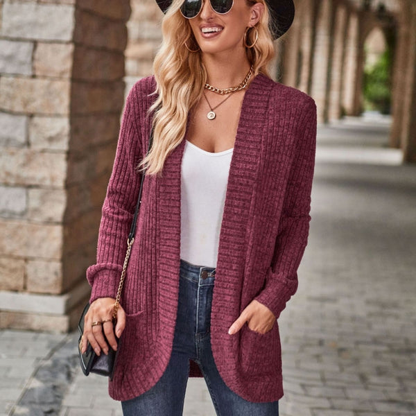 Solid Color Rib Fabric Sanding Casual Patchwork Long Sleeve Cardigan Jacket-Jackets-Zishirts