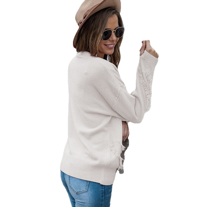 Knitted Pullover Plus Size Women's V-neck Tassel Pocket Pullover Long Sleeve Sweater Female-Sweaters-Zishirts