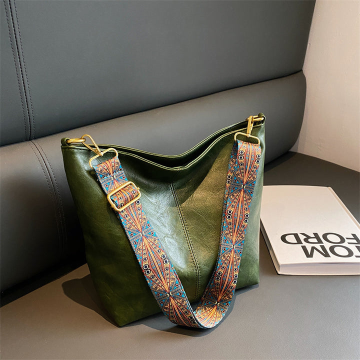 Retro Bucket Bag Retro Print Wide Shoulder Strap Messenger Shoulder Bags Solid Color Shopping Daily Commuter Handbag-Women's Bags-Zishirts