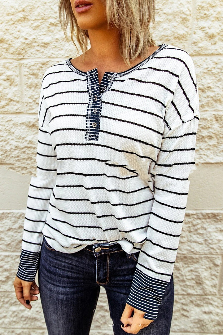 Fashion Knitted Striped Button Long-sleeved Women-Sweaters-Zishirts