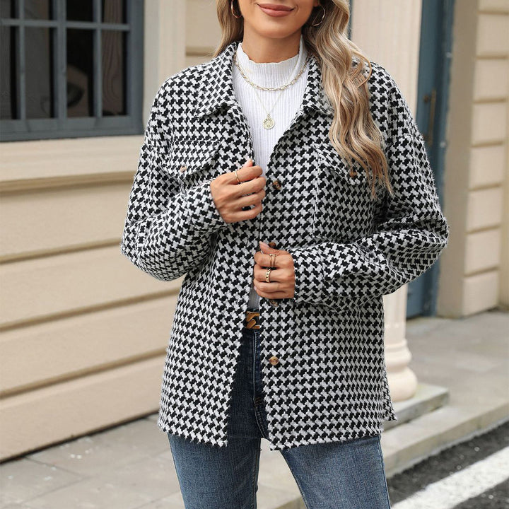 Fashion Houndstooth Lapel Tweed Coat Casual Loose Long Sleeve Jacket With Pocket Outwear Tops For Womens Clothing-Jackets-Zishirts