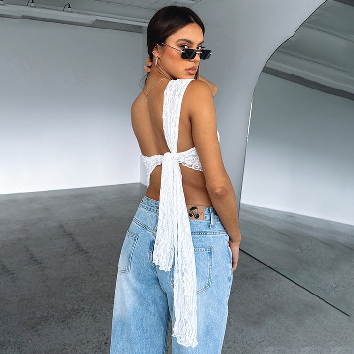 Ins Lace Backless Top Summer Solid Color Waistless Asymmetrical Sloped Neck Vest Streetwear Womens Clothes-Womens 2024 March-Zishirts