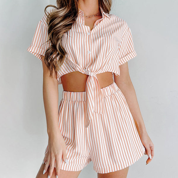 Women's Fashion Casual Striped Plaid Shirt High Waist Shorts Suit-Suits & Sets-Zishirts