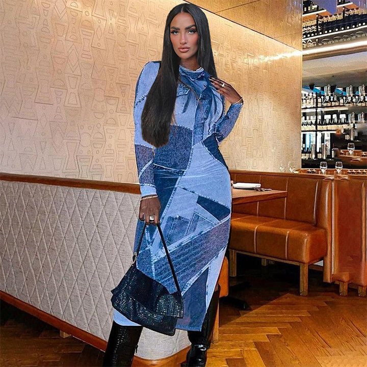 Women's Fashion Casual Denim Printing Round Neck Long Sleeve Slim Dress-Lady Dresses-Zishirts