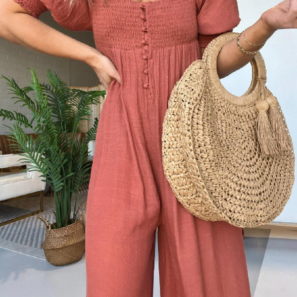 Solid Color Casual Bubble Sleeve Jumpsuit-Womens 2024 March-Zishirts