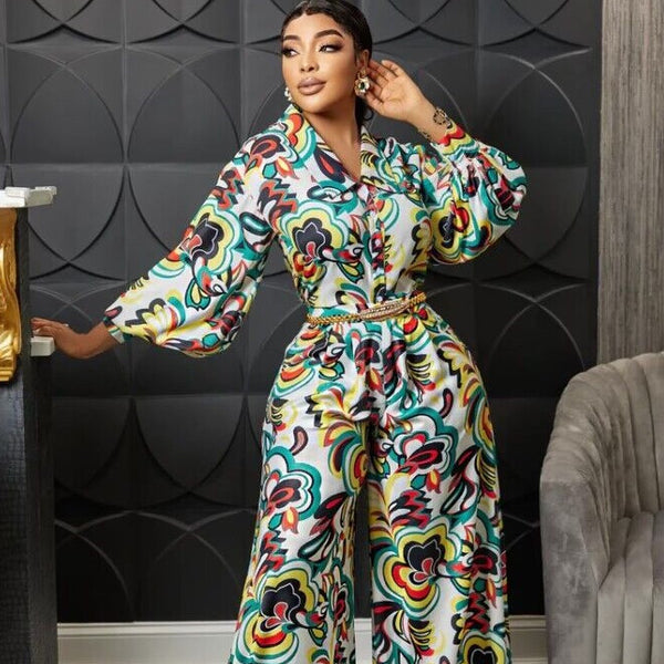 V-neck Printed High Waist Wide Leg Straight Jumpsuit-Suits & Sets-Zishirts