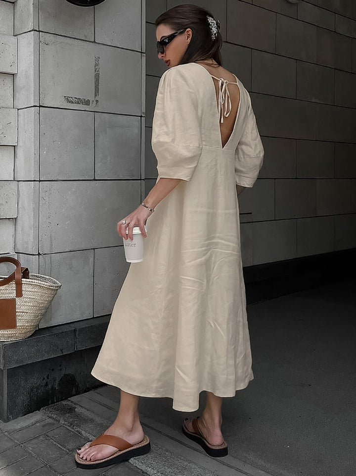 Women's Fashion Casual Cotton Linen V-neck Puff Sleeve Dress-Lady Dresses-Zishirts