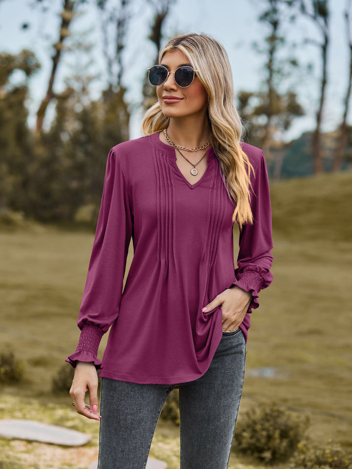 Women's Solid Color Striped Puff Sleeve V-neck Smocking Long Sleeve Top-Blouses & Shirts-Zishirts