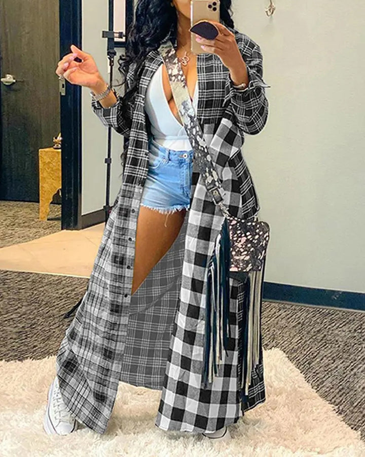 Fashion Casual Color Matching New Long Plaid Coat Shirt-Jackets-Zishirts