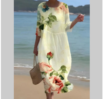 Spring And Summer Floral Print Round Neck Dress-Womens 2024 March-Zishirts