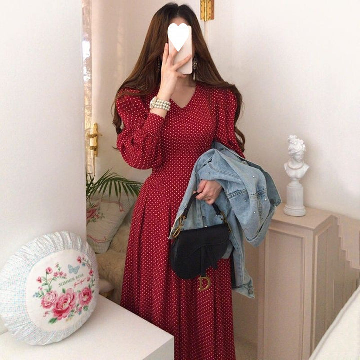 Women's Fashionable Slim Collar Slim-fit High Waist Lace-up Lantern Sleeve Dress-Lady Dresses-Zishirts