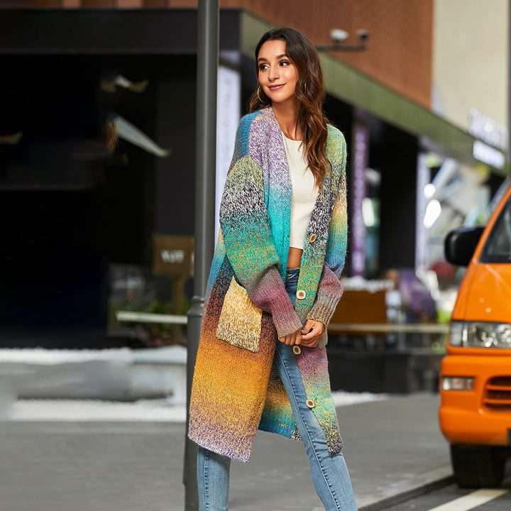 Knitted Sweater Loose Rainbow Long Coat Wool Cardigan-Sweaters-Zishirts