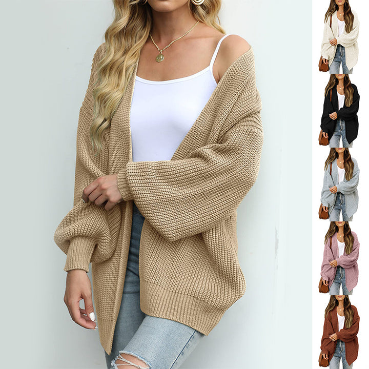 Fashion Lantern-sleeved Sweater With Pockets Casual Loose Solid Knit Cardigan Autumn Tops Womens Clothing-Jackets-Zishirts