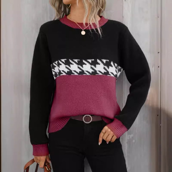 Contrast Color Pullover Round Neck Knitted Sweater Fashion Geometry Pattern-0-Zishirts