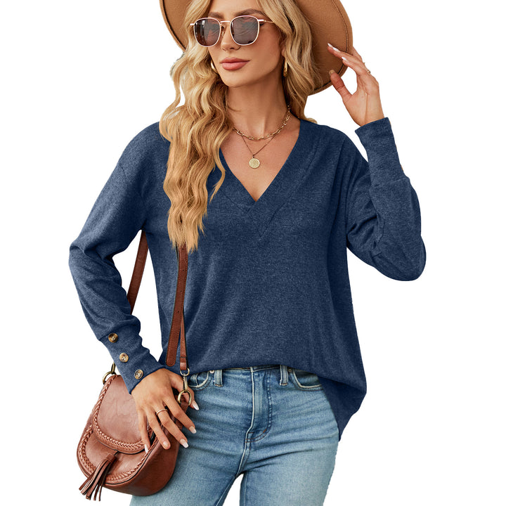 Solid Color And V-neck Loose Long Sleeve Button T-shirt Top-Blouses & Shirts-Zishirts