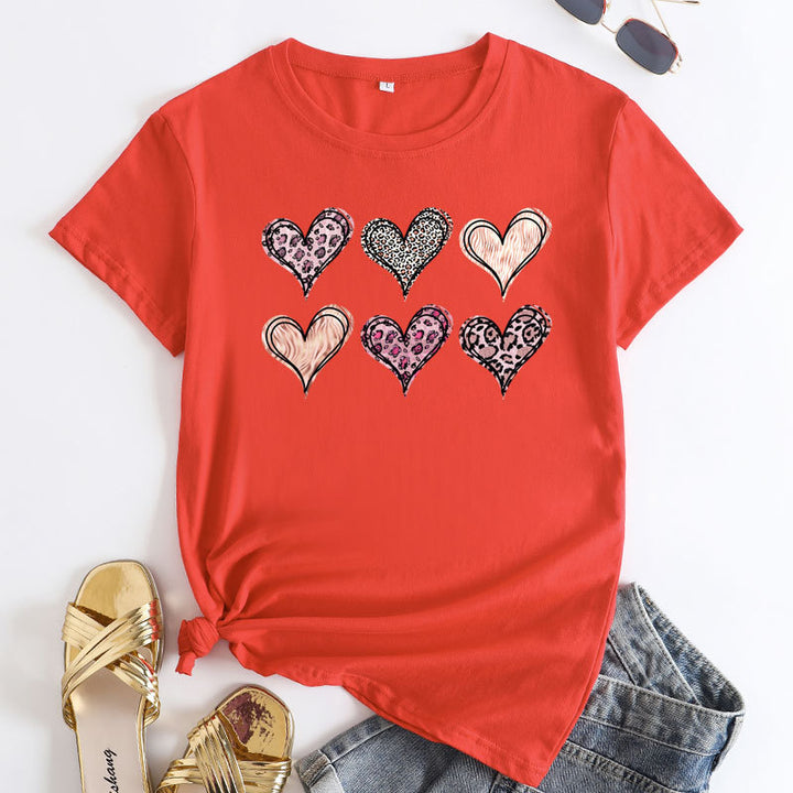 Women's Fashion Casual Love Printed Cotton Round Neck Short Sleeve-Blouses & Shirts-Zishirts