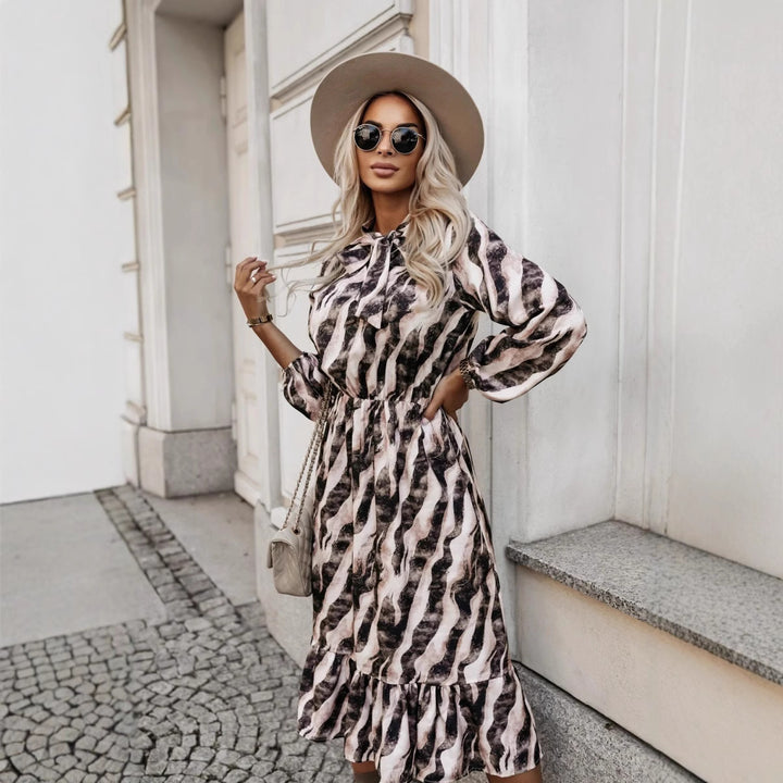 Women's Fashion Bowknot Zebra Print Long Sleeve Dress-Lady Dresses-Zishirts