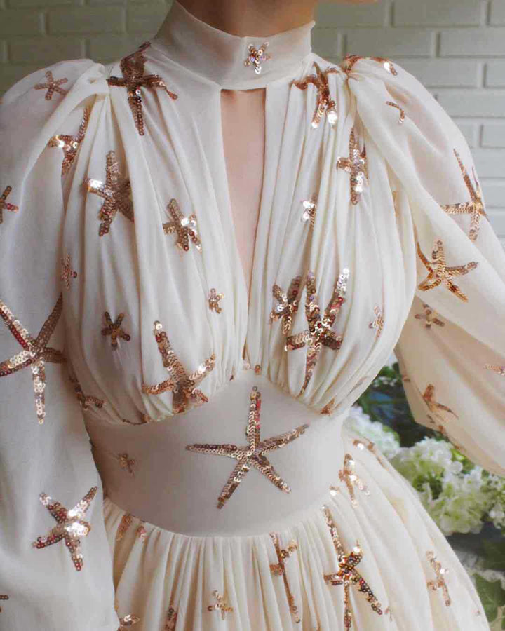 Women's Graceful And Fashionable Half Turtleneck Sequined Slit Lantern Sleeve Dress-Lady Dresses-Zishirts