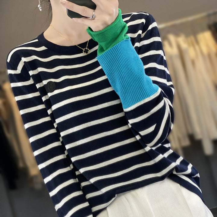 Double-layer Contrast Color Sleeves With Stripes Sweater-Sweaters-Zishirts