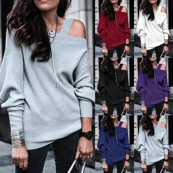 Long Sleeve Solid Color Rib Fabric Shoulder-baring Sweater Sweater-Blouses & Shirts-Zishirts