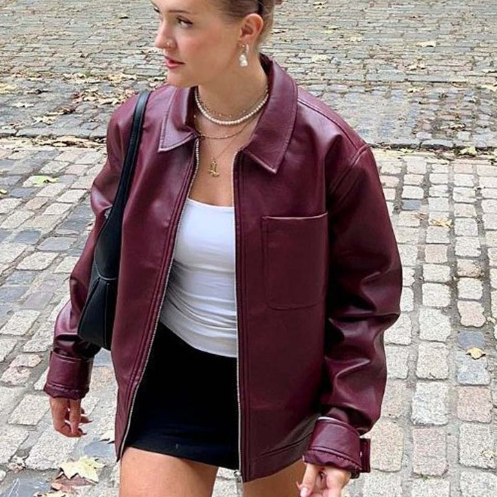 Retro Fashion Polo Collar Advanced PU Leather Jacket Coat-Women's Outerwear 2023-Zishirts