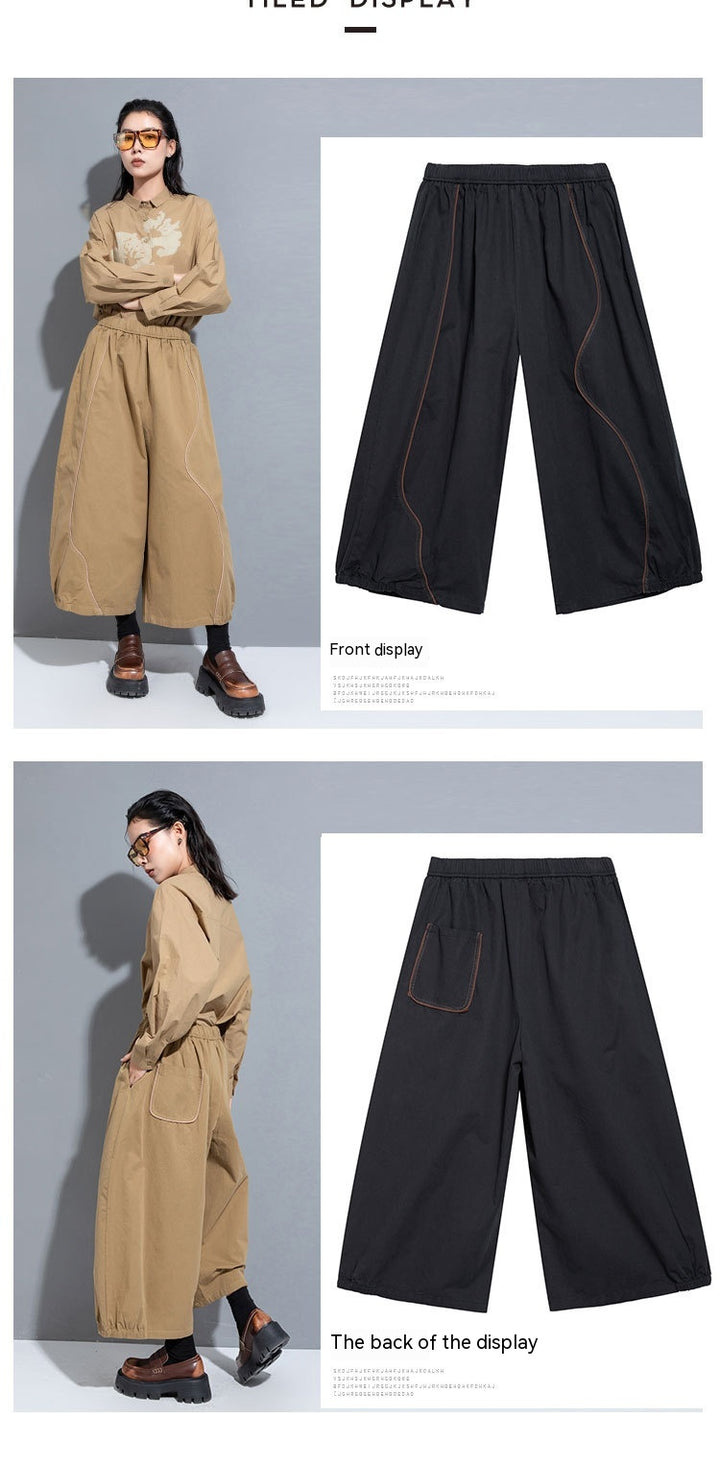 Lace-up Wide-leg Contrast Color Curve Decoration Loose Bloomers Women's Pants Tide-Suits & Sets-Zishirts