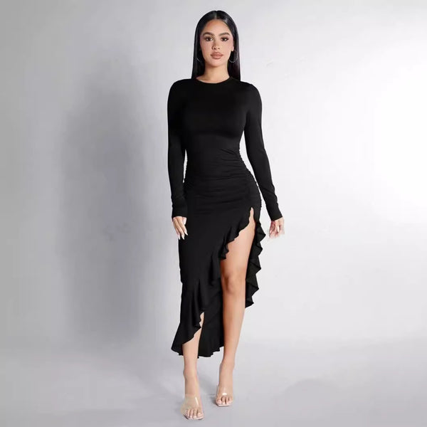 Round Neck Long Sleeve Slim Solid Color Frill Split Ruffled Dress-Lady Dresses-Zishirts