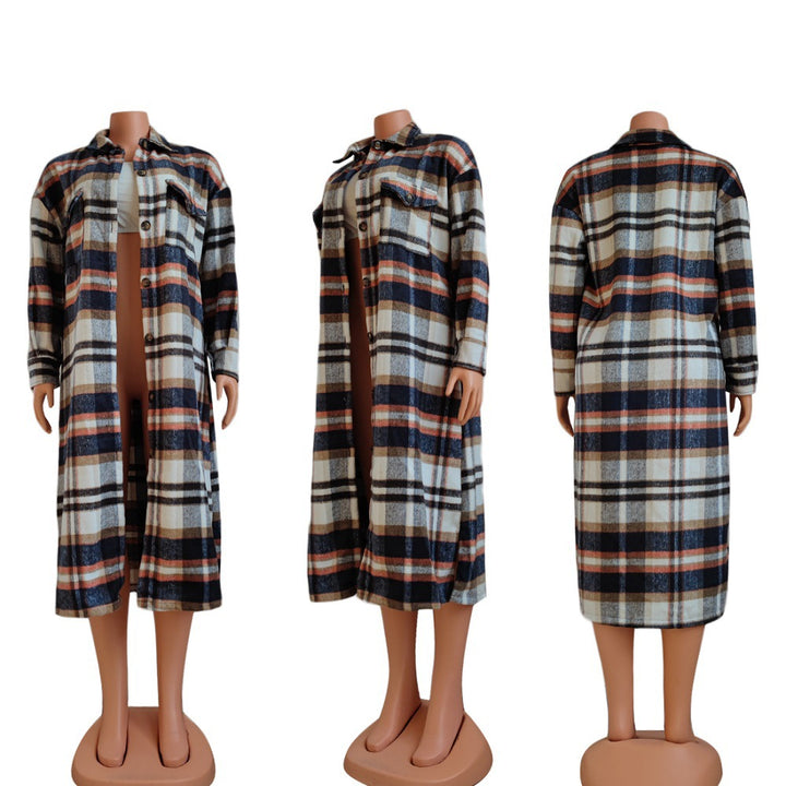 Women's Long Sleeve Lapel Plaid Woolen Coat-Jackets-Zishirts